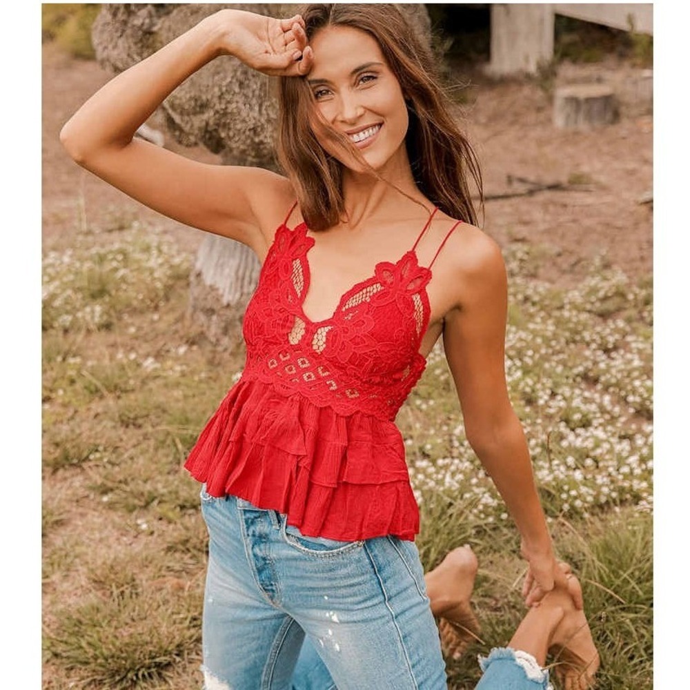 Free People Adella Cami Lace Ruffled Tank Top Womens XS Red Lace Boho Babydoll